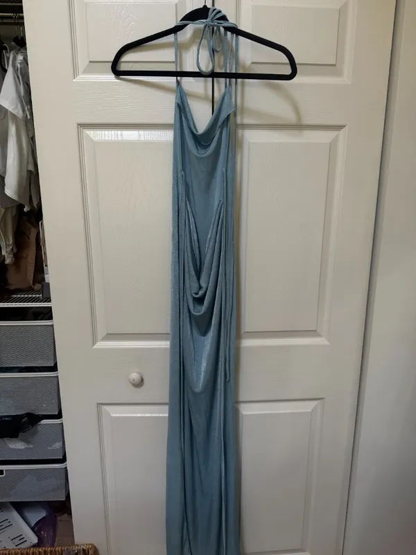 Light Blue Cowl Neck Halter Backless Maxi Dress Small - Image 3