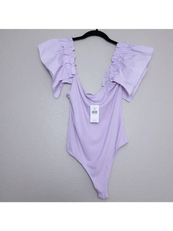 NWT Le Lis Ruffle Tank Ribbed Knit Sleeveless Bodysuit L Lavender Buckle - Image 4