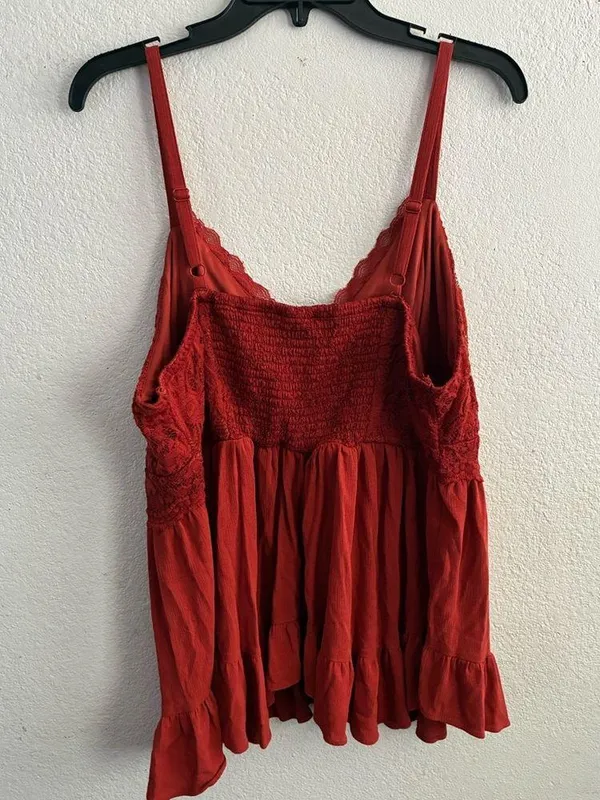 Ruffled Smocked Lace Babydoll Spaghetti Strap Crinkle Gauze Tank Top 1 - Image 4