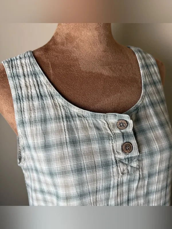 Vintage 90s Patagonia Tank Top Women Medium Organic Cotton Tan Green Plaid Shirt - Image 2