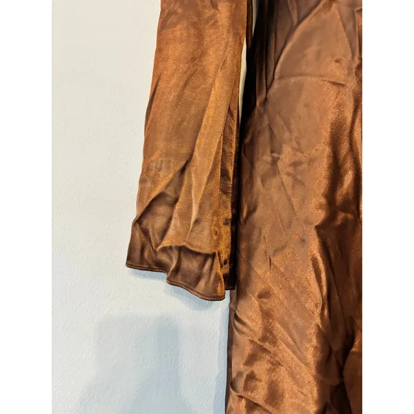 Anthropologie Long Sleeve Silky Satin Cowl Neck Bell Sleeve Mini Dress Brown M - Image 7