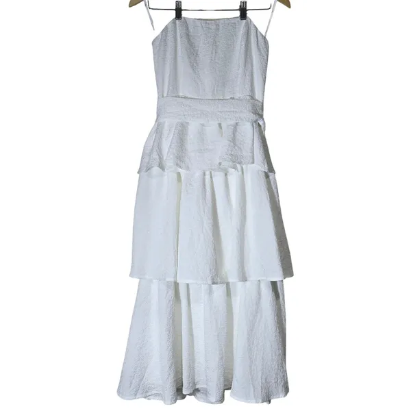 Lulus Truly Marvelous White Jacquard Strapless Tiered Midi Dress M - Image 3