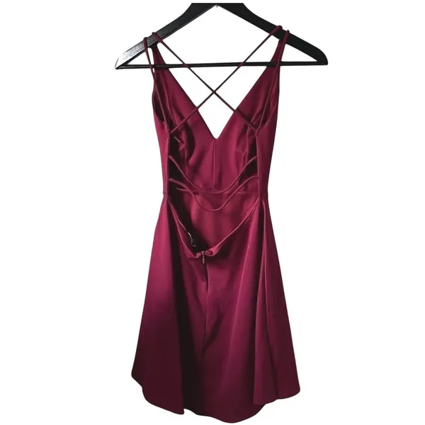 Lulus Skater Dress Womens S Burgundy Wine Sexy Open Back Strappy V-Neck Mini - Image 3