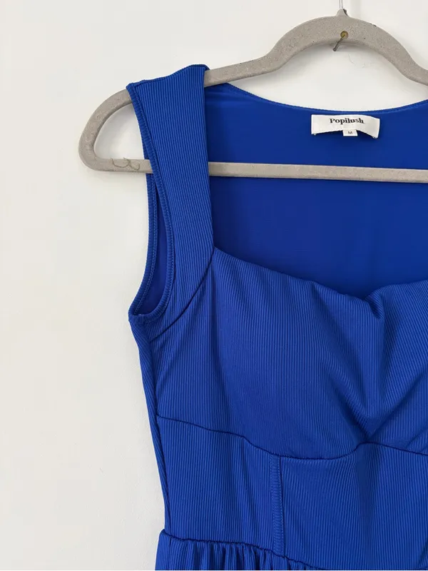 Popilush Sleeveless Square Neck Ribbed Cinch Wide Leg Jumpsuit Blue NWT M - Image 4