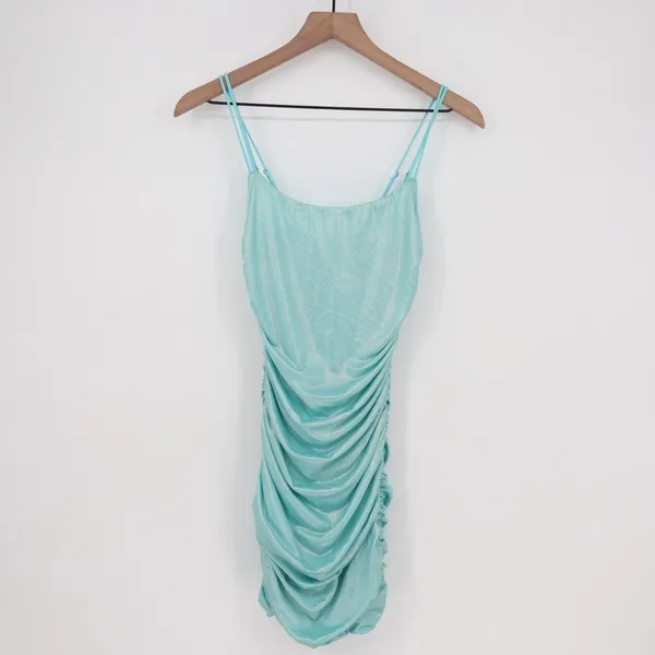 Lucy In The Sky Mini Dress Womens Small Aqua Ruched Scoop Neck Spaghetti Strap - Image 2