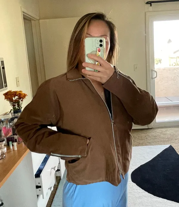 Caramel brown custom made microsuede feel women’s bomber jacket size M medium - Image 3