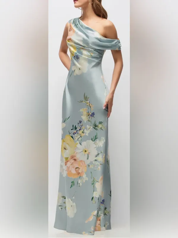 NEW After Six Liv Floral Print One-Shoulder Blue Mist Multi Gown Sz M - Image 3