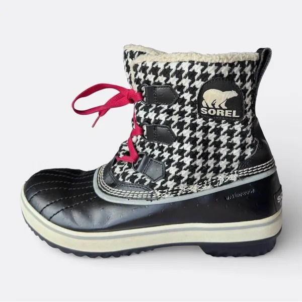 Sorel Tofino Houndstooth Waterproof Snow Boots Women 9 Black White Red Lace - Image 2