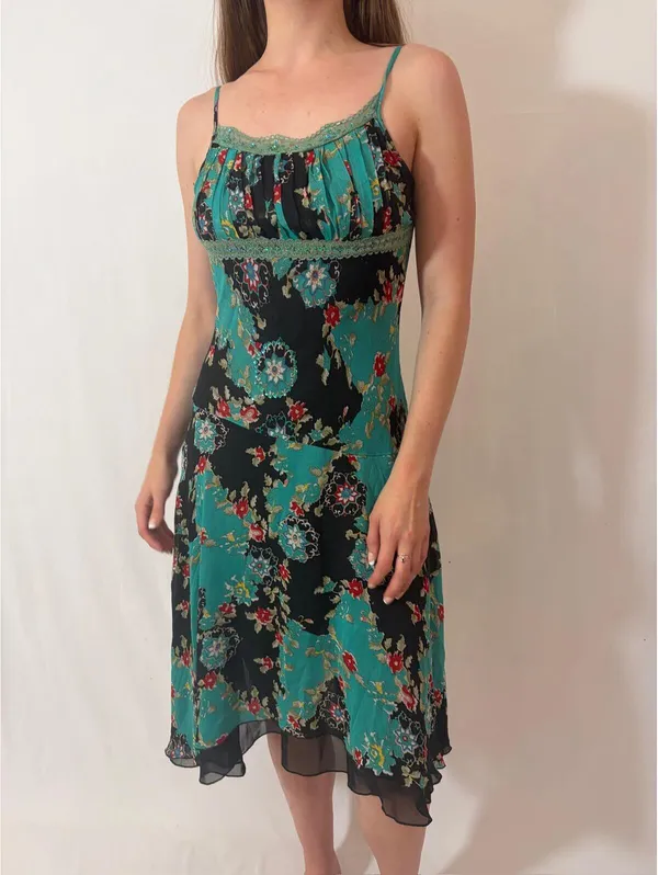 Blue Floral Paisley Mesh Fairy Sequin Silky Vintage Midi Dress - Image 6