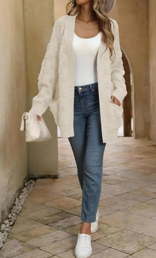 NEW Ivory Oversized Checkered Chunky Cardigan Sweater Open Front XL - Image 5