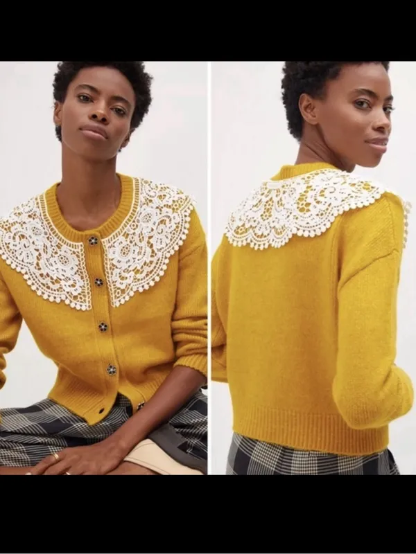RARE Anthropologie Maeve Mustard Yellow Lace Collar Cardigan Sweater Size M - Image 2