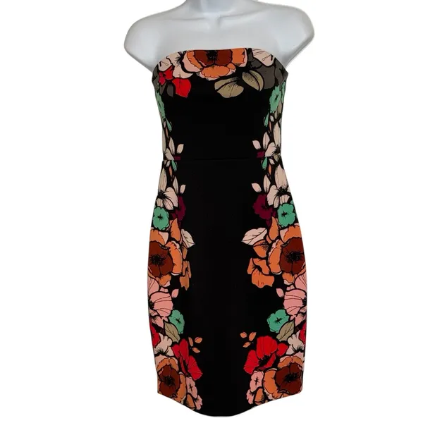 EXPRESS Black Floral Print Strapless Bodycon Dress EUC Size‎ 6 - Image 2