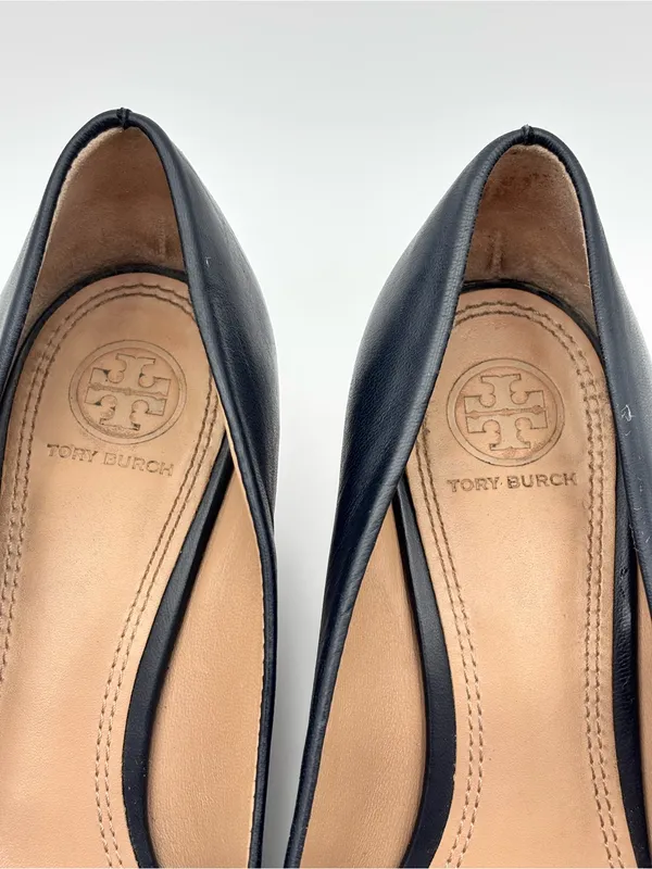 Tory Burch Navy Blue Leather Lowell 2 65mm Wedges size 8M - Image 4