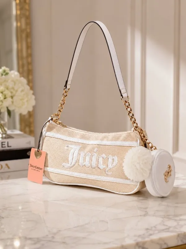Juicy Couture Beige Chenille Logo Baguette Bag Coin Pouch NWT - Image 2