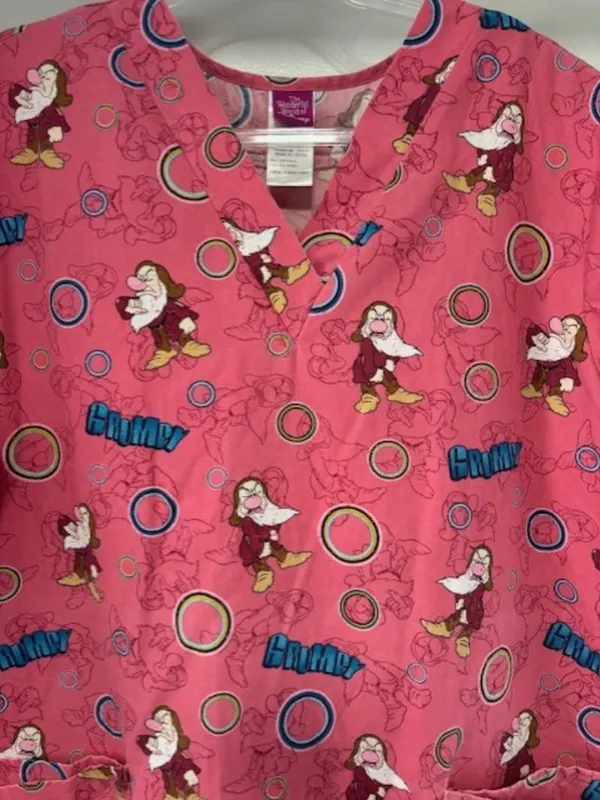 Disney Grumpy Seven Dwarfs Womens L Scrub Top Short Sleeve Pockets V Neck - Image 2