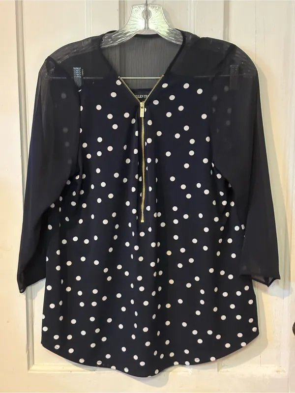 Ellen Tracy Navy & White Polka Dot Zip-Front Blouse - Image 2