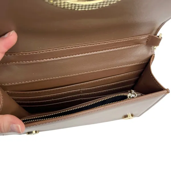 Faux Leather Brown Structured Gold Tone Horseshoe Chain Purse Bag - Image 7