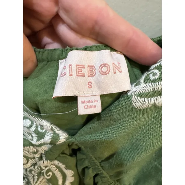CIEBON Serbita green white Embroidered tiered peasant Dress Size Small Linen - Image 7