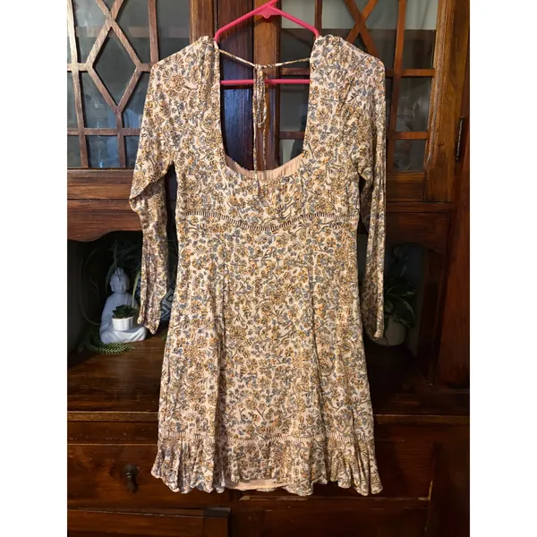 Free People Women Floral Mini Dress Long Sleeve Square Neck Open Back Size 10‎ - Image 3
