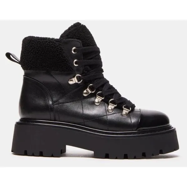 Steve Madden Black Leather Platform Combat Boots Shearling Trim Lug Sole Size 8 - Image 2