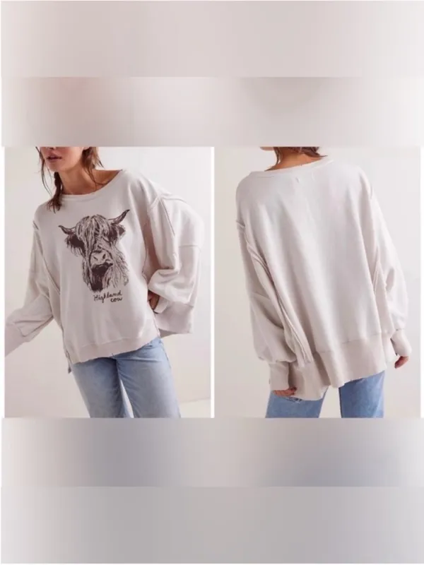 NWOT Free People We The Free Graphic Camden Pullover - highland cow combo - XS - Image 2