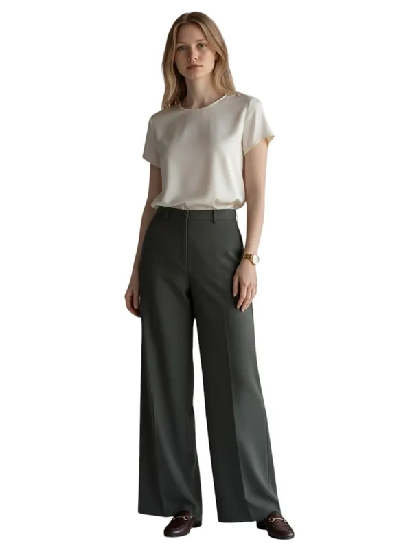 Lauren Ralph Lauren Womens 4 Olive Green Worsted Wool Wide Leg Trouser Pants EUC - Image 3