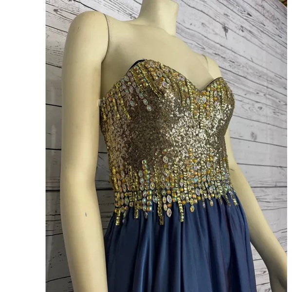 2000s Glow Dress Blue Chiffon Beaded Prom Gown Gold Sequin Formal Strapless S - Image 5