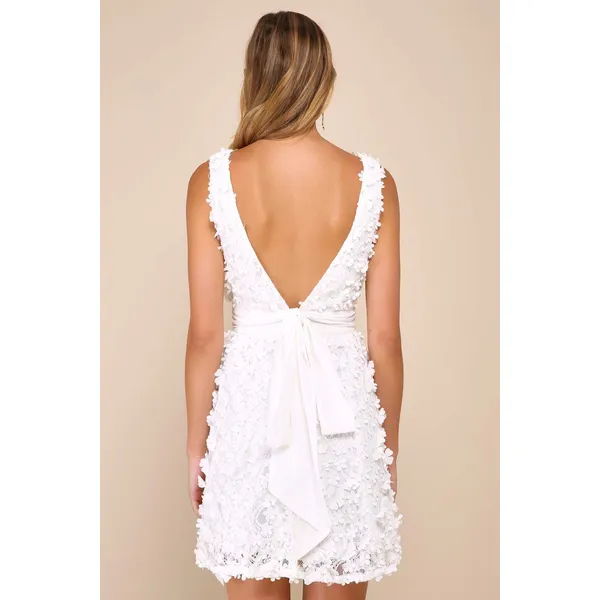 Lulus Totally Beautiful White 3D Floral Tie-Strap Skater Mini Dress Small NWT - Image 3