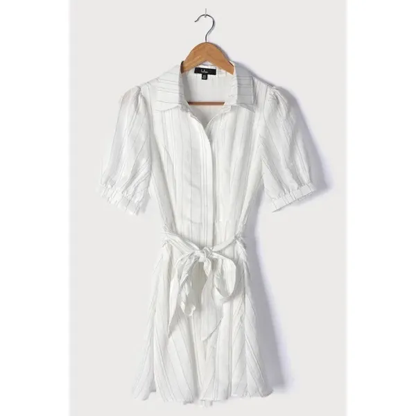 ✨Delightful Moments White Striped Puff Sleeve Button-Up Dress Lulus✨ - Image 6