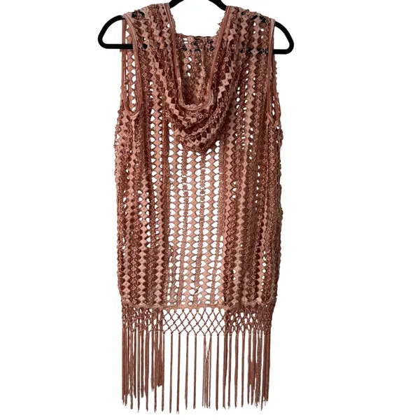 POL Duster Vest Crochet Fringe Trim Hood Size S‎ Dark Blush Pink Boho Rave Indie - Image 6