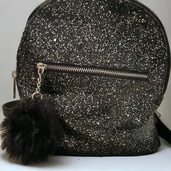 Black Glitter Faux Leather Mini Backpack with Pom-Pom Charm & Zippered Pockets - Image 5