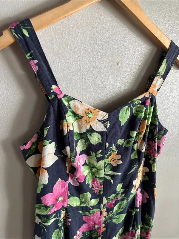 Old Navy Floral Linen Blend Jumpsuit Small Navy Wide Leg Smocked Back - Image 4