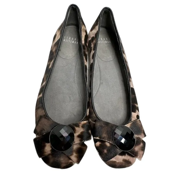 Stuart Weitzman Leopard Calf Hair Gemstone Bow Ballet Flats Brown Black 6.5M - Image 4