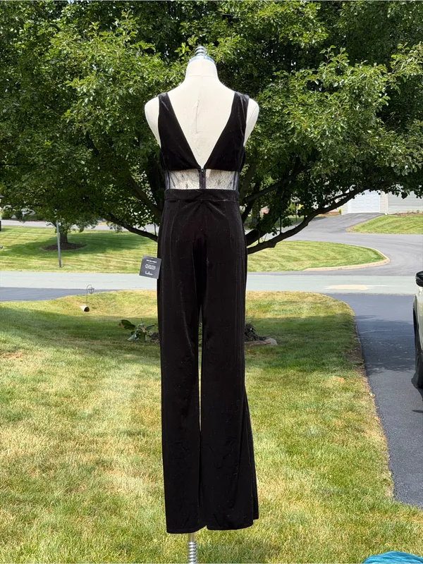 NEW Lulus Black Velvet Lace Mesh‎ Cutout Jumpsuit Formal Evening Party Cocktail - Image 10