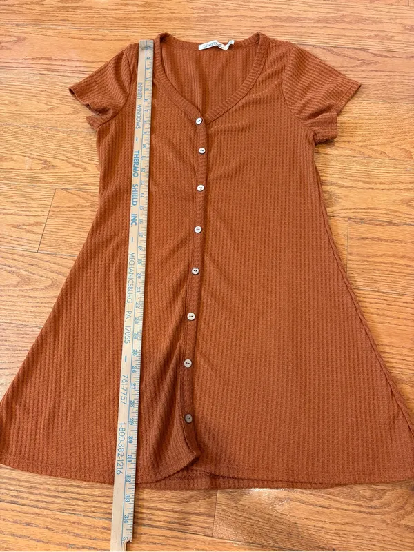 Liberty Love Rust Brown Waffle Knit Button Front Mini Dress Large Boho Casual - Image 4
