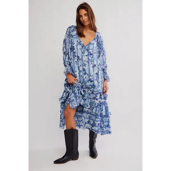 Free People Dainty Ruffle Cottage Garden Wonders Maxi Dress in Blue Combo Small - Image 11