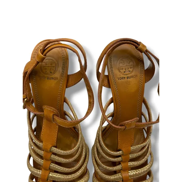 Tory Burch Charlene Sandals 7.5 Tan Gold Leather Heels Dress‎ Party Elegant - Image 7