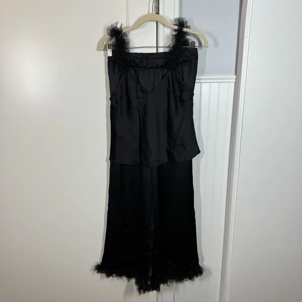 For Love‎ and Lemons small satin and tulle ruffle black pajamas tank long pants - Image 4