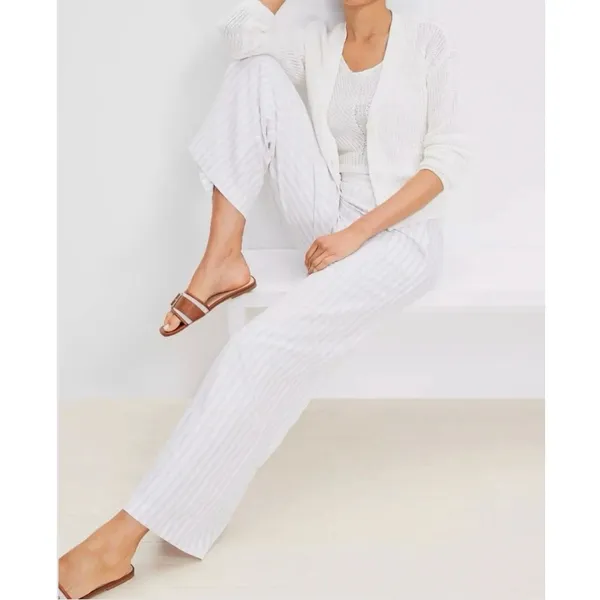 LOFT Linen Blend High Rise Wide Leg Striped Pants Cream Tan Beige Medium - Image 2