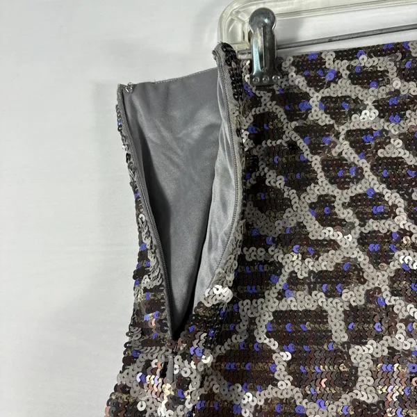 Express Womens Leopard Sequin‎ Mini Skirt Silver Blue Black Animal Print Large - Image 3
