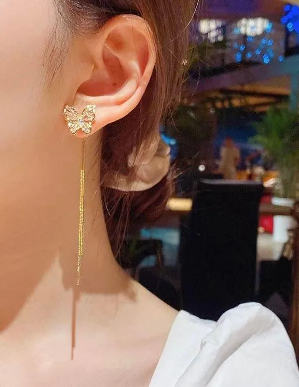Women’s Crystal Butterfly Tassel Dangle Drop Earrings - Image 3