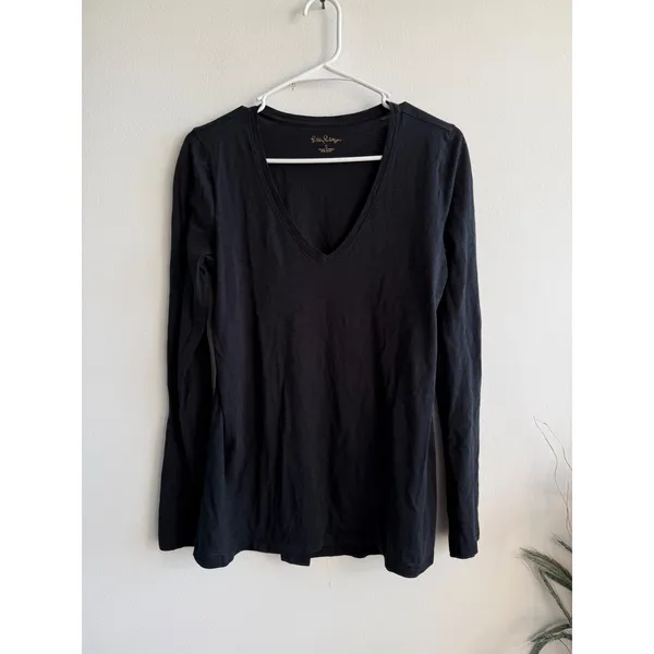 Lilly Pulitzer Womens Black Pima Cotton V-Neck Long Sleeve T-Shirt Size S 4019 - Image 2