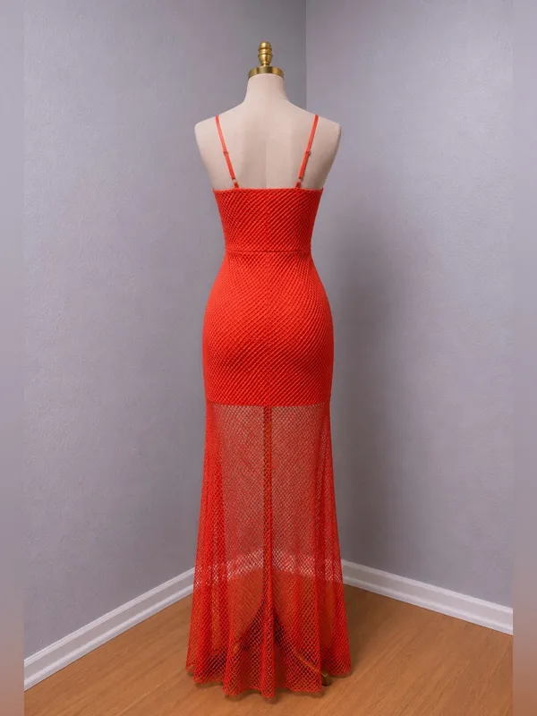 Red Orange Long Mesh Bottom Dress-Small - Image 4