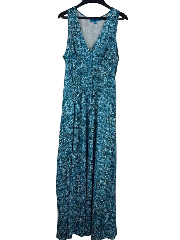 Derek Lam Blue Ocean Wave Maxi Dress Resort Beachy Ruched Empire Sleeveless M - Image 2