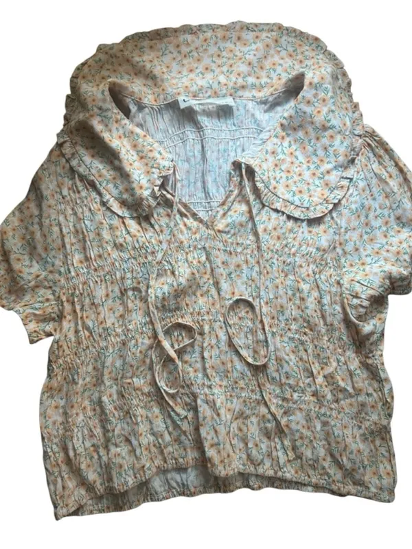Elodie Smocked Peter Pan Collar Puff Sleeve Floral Daisy Crop Top Cottagecore - Image 4