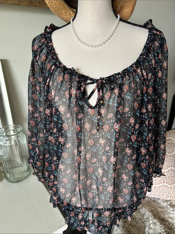 Natural life, black sheer floral BoHo cottage peasant, 3/4 sleeve blouse top XL - Image 3