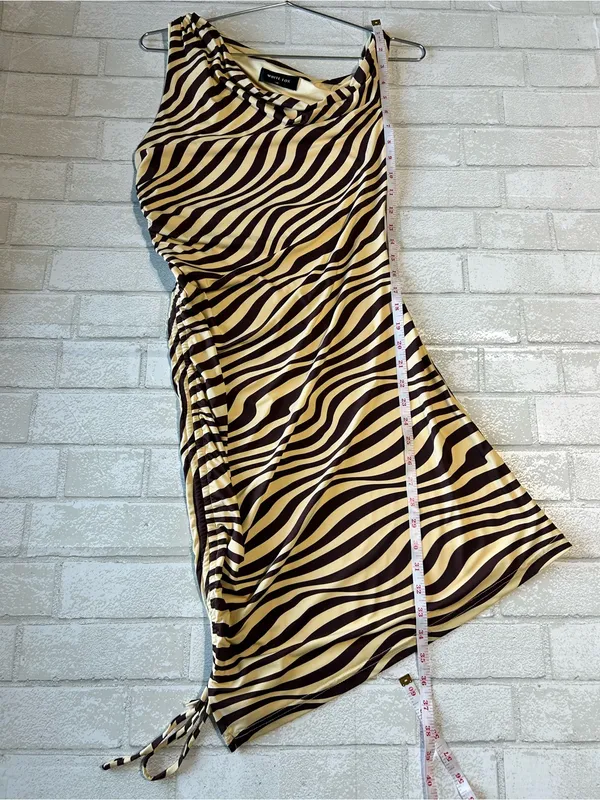 White Fox One-Shoulder Zebra Stripe Mini Dress in Cream and Brown - Image 6