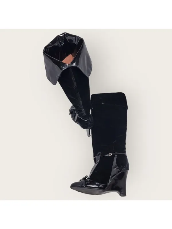 Laurence Dacade Velvet Patent Leather Bow Knee High Wedge Heels Boot Size 38 - Image 15