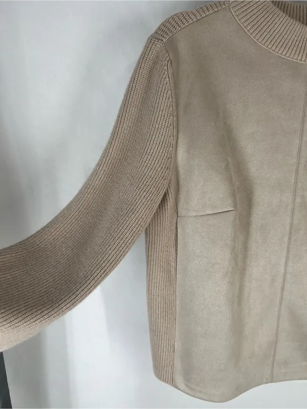 Ann‎ Taylor Mixed Media Faux Suede Knit Sweater Beige Mock Neck Size M - Image 6