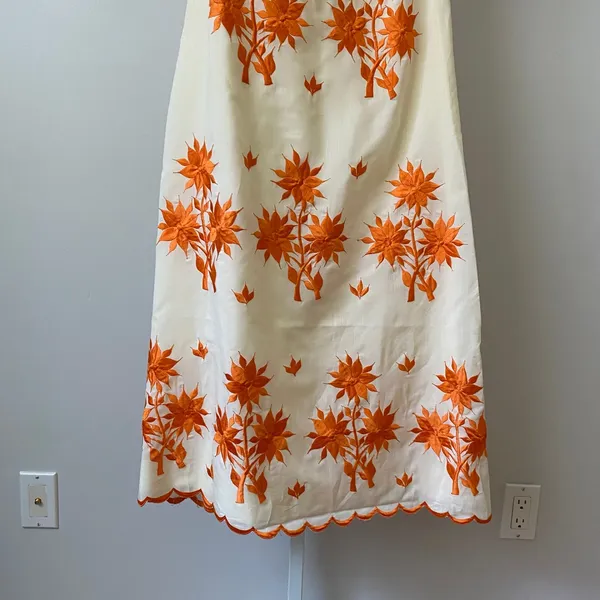 VTG Prairie Dainty Embroidered Floral Scalloped Maxi Dress XS White Orange - Image 3